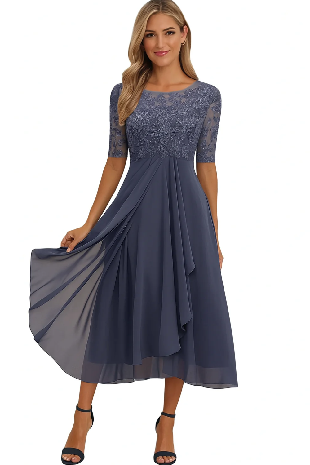 Femme Robe de Cérémonie Midi à Col Rond et Manches mi-longues en A-ligne