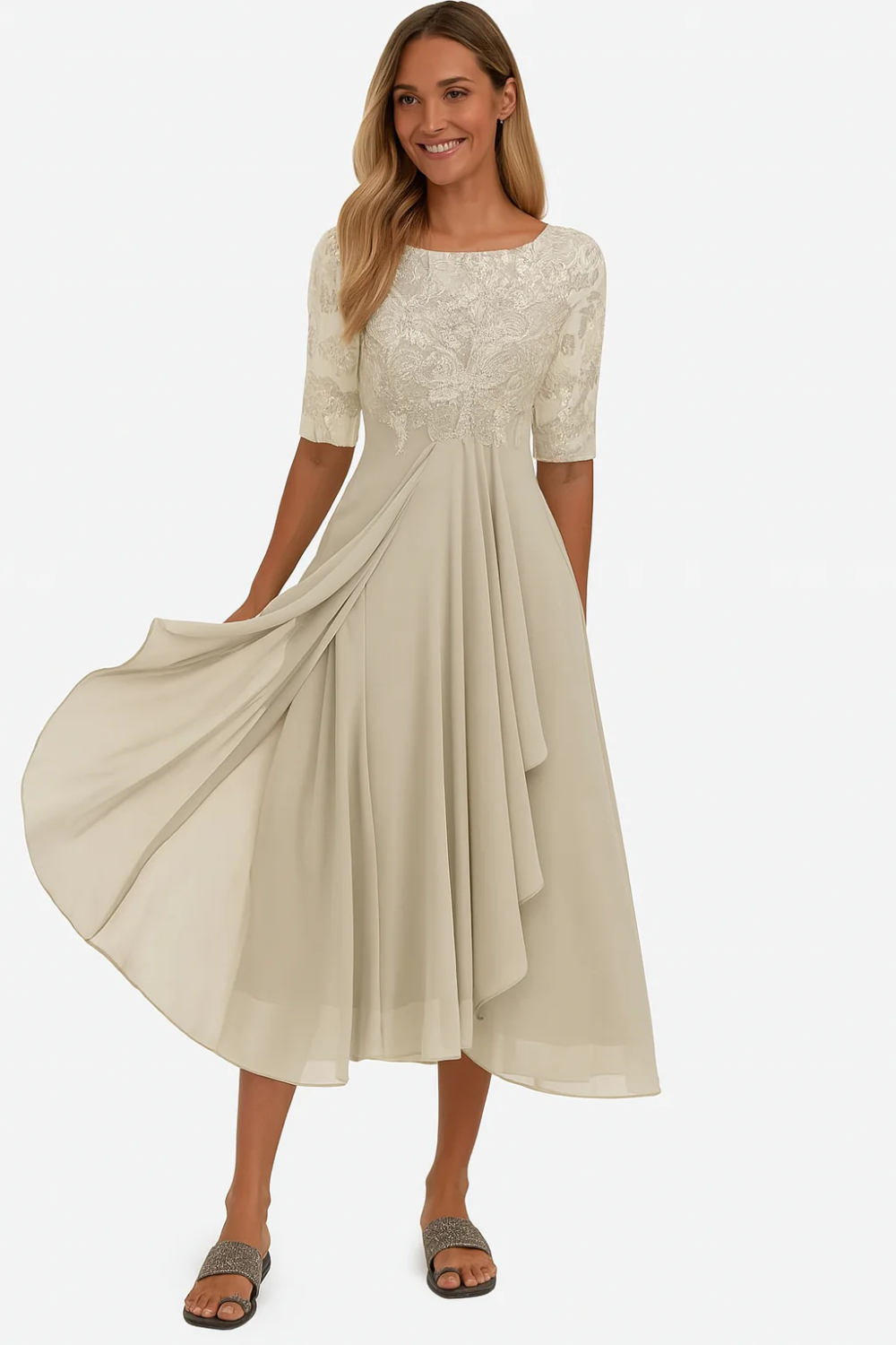 Femme Robe de Cérémonie Midi à Col Rond et Manches mi-longues en A-ligne