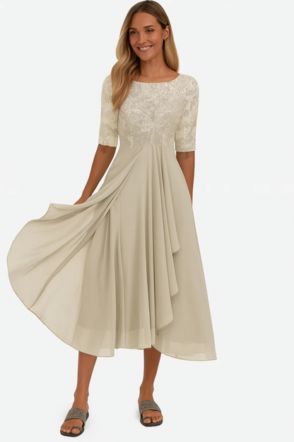 Femme Robe de Cérémonie Midi à Col Rond et Manches mi-longues en A-ligne
