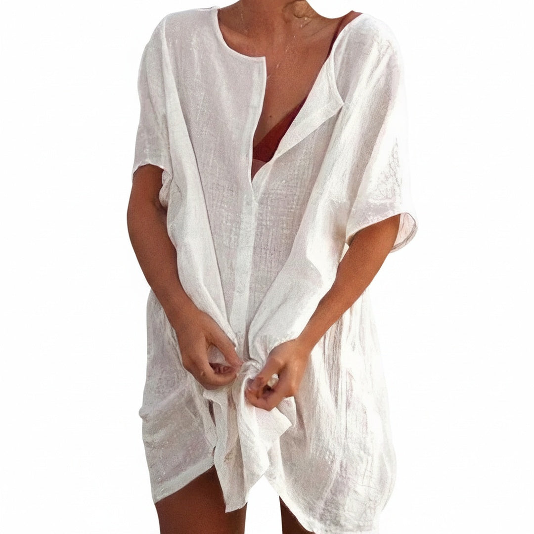Femme Robe de Plage Courte Oversize avec Col en V et Nœud