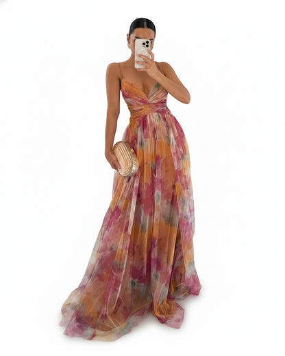 Femme Robe de Soirée Longue à Bretelles col V et Imprimé Floral Ligne A