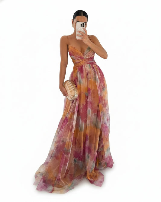 Femme Robe de Soirée Longue à Bretelles col V et Imprimé Floral Ligne A