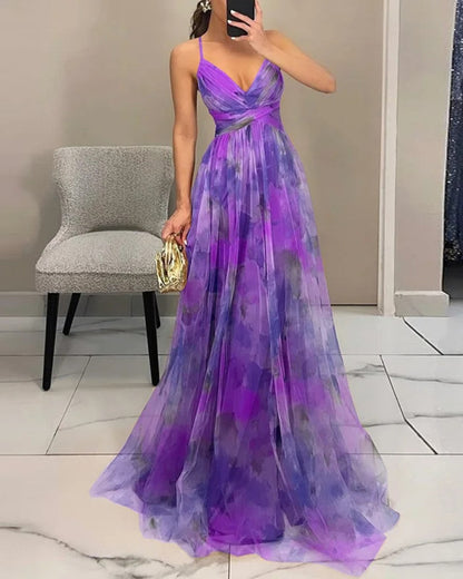Femme Robe de Soirée Longue à Bretelles col V et Imprimé Floral Ligne A