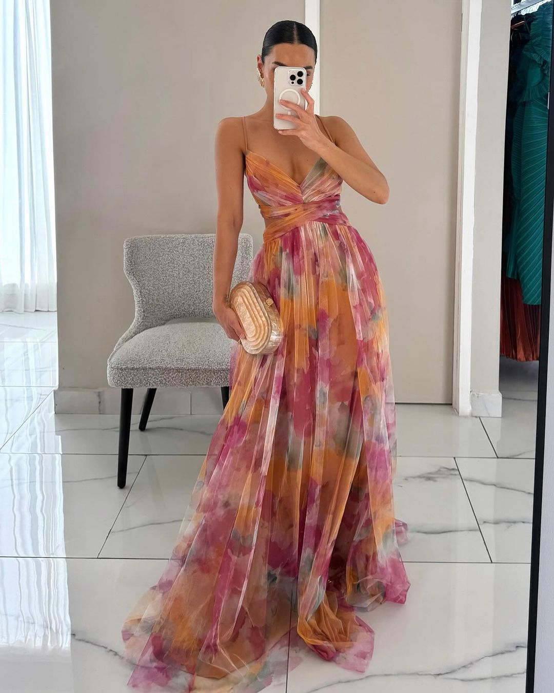 Femme Robe de Soirée Longue à Bretelles col V et Imprimé Floral Ligne A
