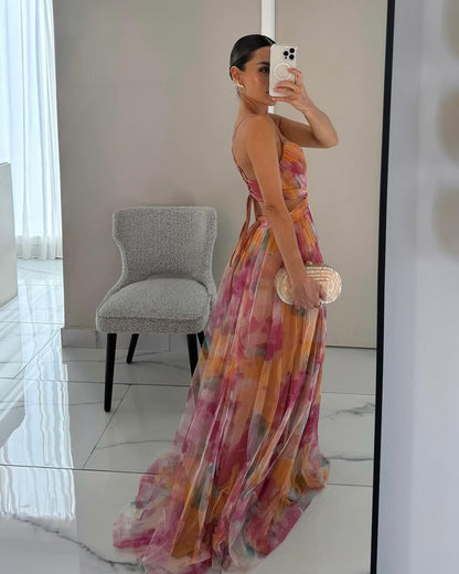 Femme Robe de Soirée Longue à Bretelles col V et Imprimé Floral Ligne A