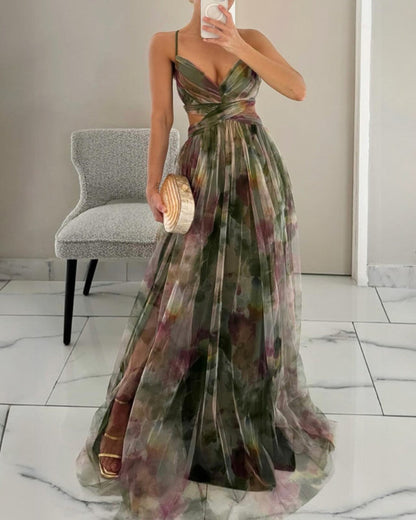 Femme Robe de Soirée Longue à Bretelles col V et Imprimé Floral Ligne A