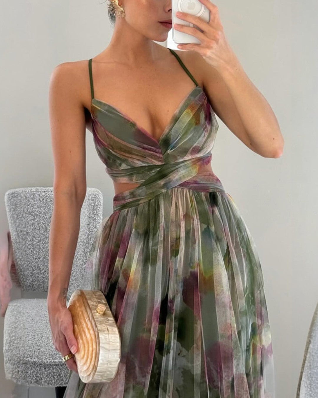 Femme Robe de Soirée Longue à Bretelles col V et Imprimé Floral Ligne A