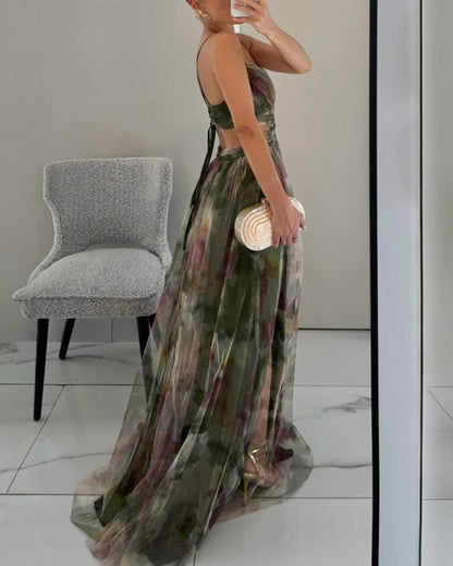 Femme Robe de Soirée Longue à Bretelles col V et Imprimé Floral Ligne A