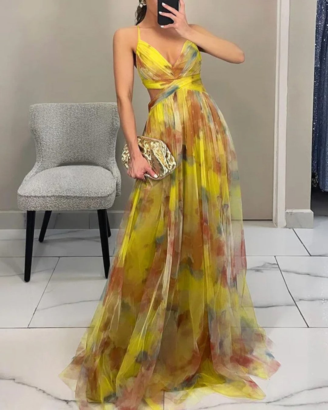 Femme Robe de Soirée Longue à Bretelles col V et Imprimé Floral Ligne A
