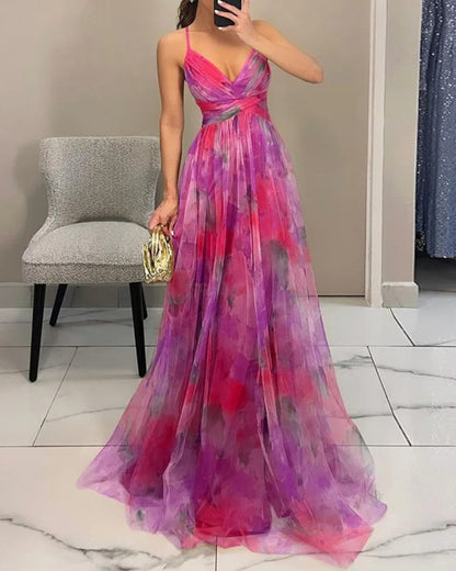 Femme Robe de Soirée Longue à Bretelles col V et Imprimé Floral Ligne A