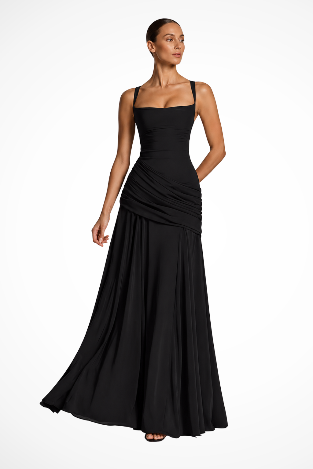 Femme Robe de Soirée Longue à Col Carré avec Drapé et Fente Latérale
