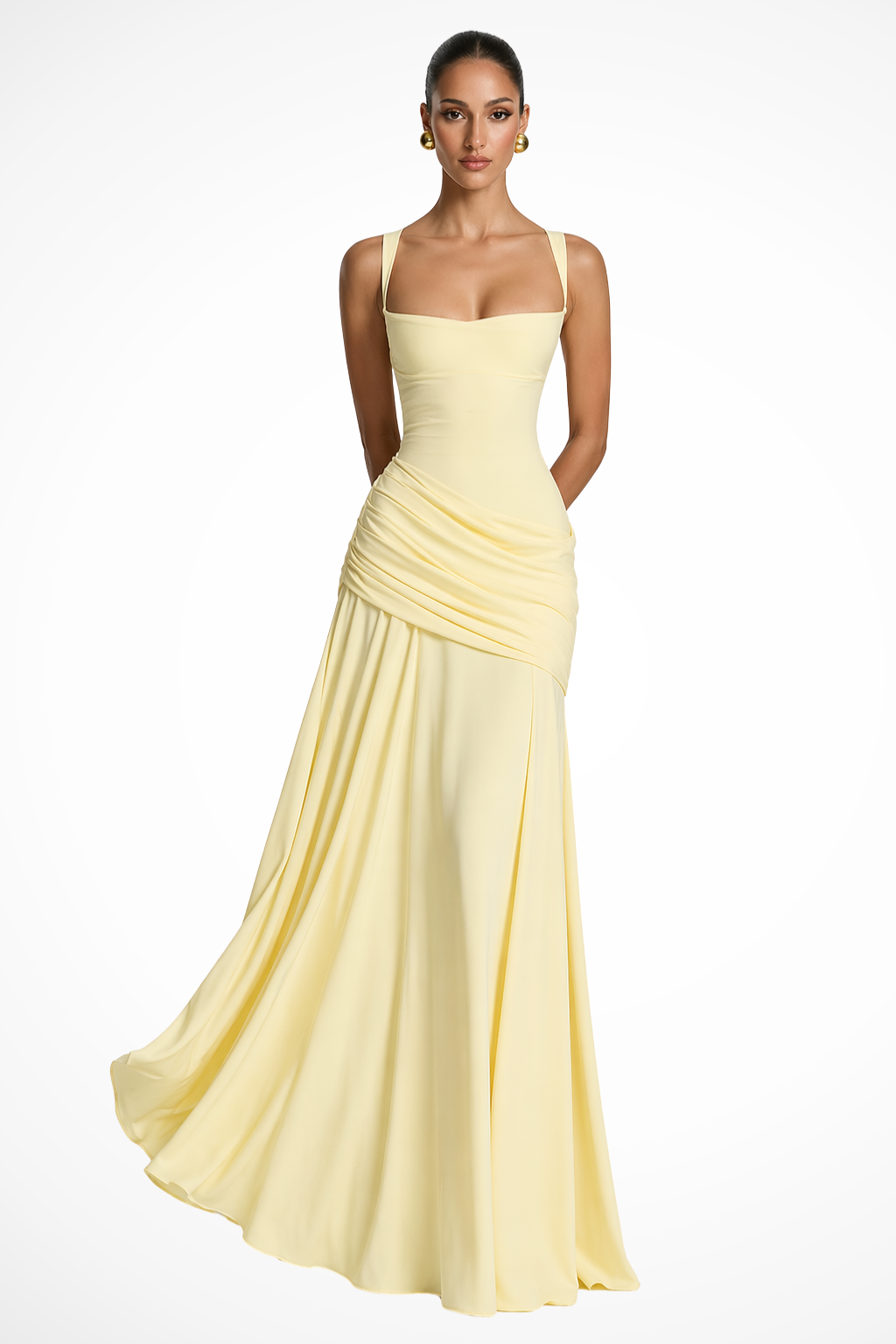 Femme Robe de Soirée Longue à Col Carré avec Drapé et Fente Latérale