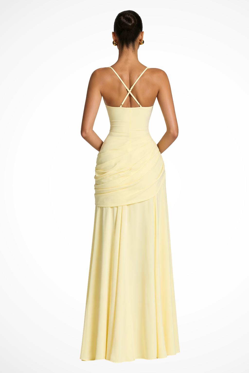 Femme Robe de Soirée Longue à Col Carré avec Drapé et Fente Latérale