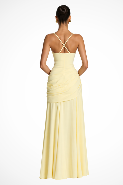 Femme Robe de Soirée Longue à Col Carré avec Drapé et Fente Latérale