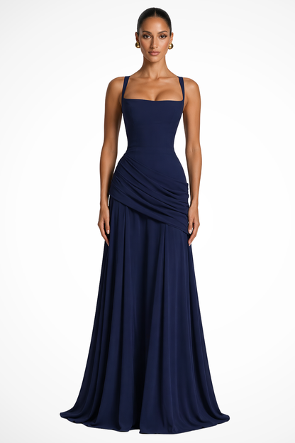 Femme Robe de Soirée Longue à Col Carré avec Drapé et Fente Latérale