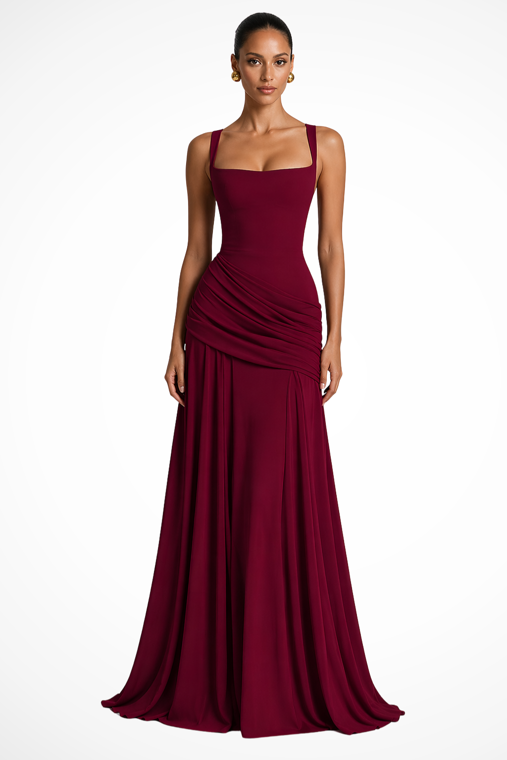 Femme Robe de Soirée Longue à Col Carré avec Drapé et Fente Latérale