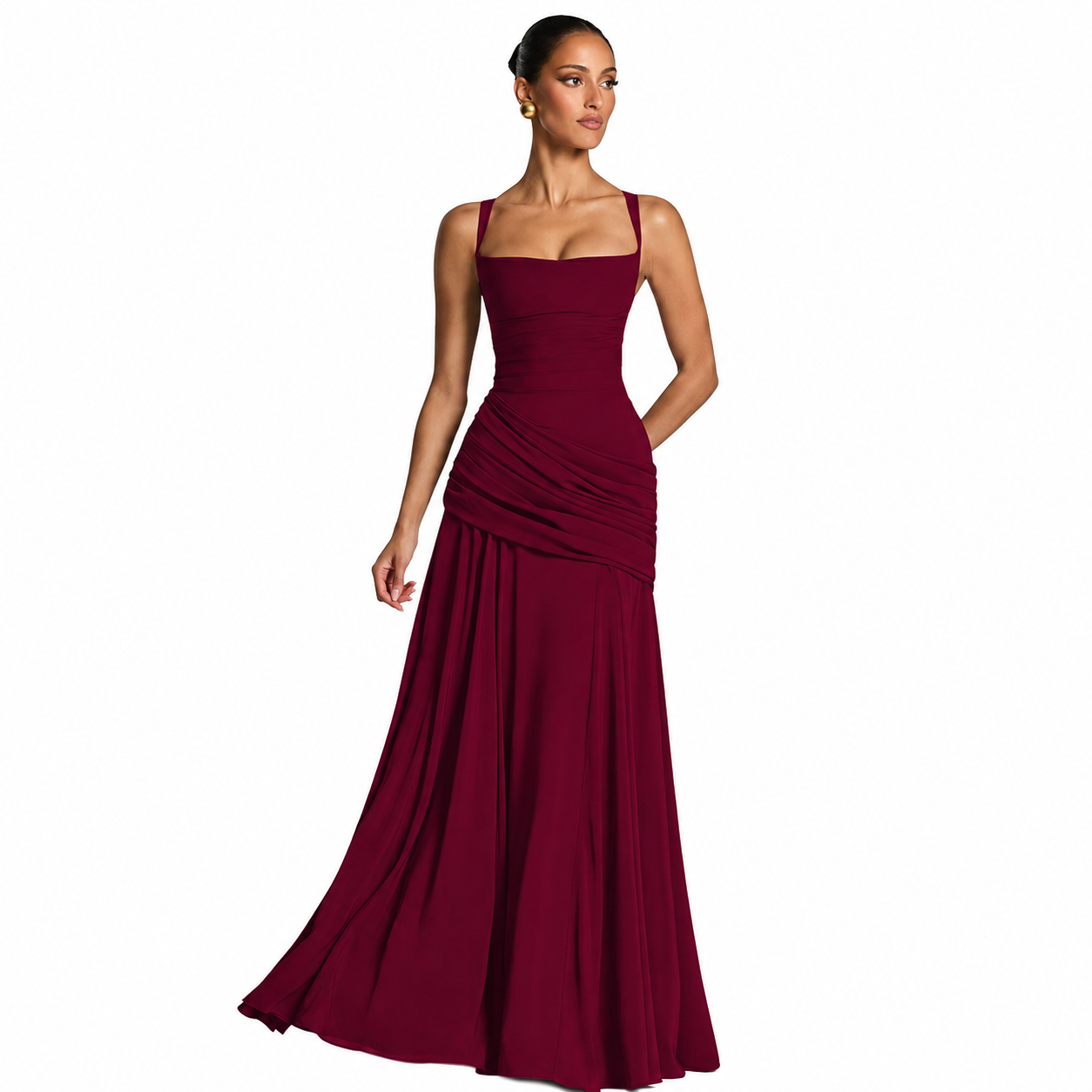 Femme Robe de Soirée Longue à Col Carré avec Drapé et Fente Latérale