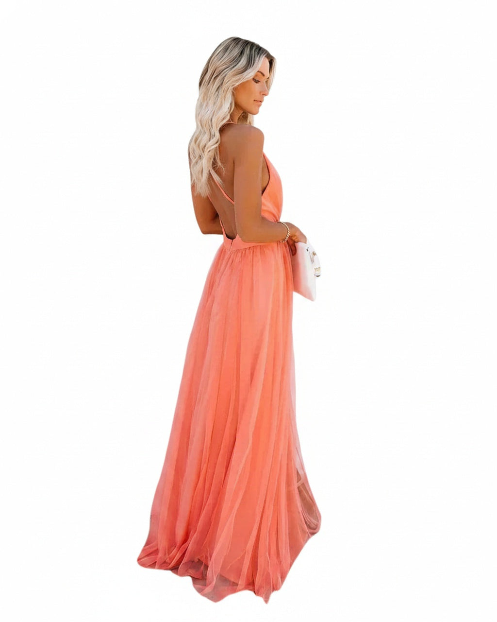 Femme Robe de Soirée Longue à Col en V Profond, Bretelles Croisées dans le Dos et Jupe Évasée