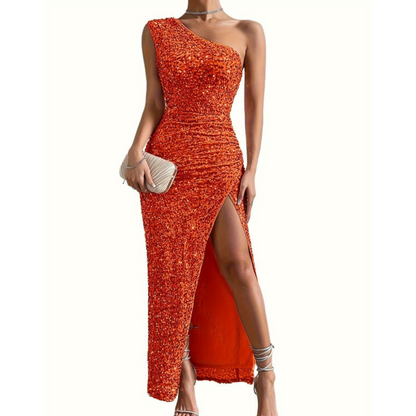 Femme Robe de Soirée Longue à Paillettes Monobretelle avec Fente
