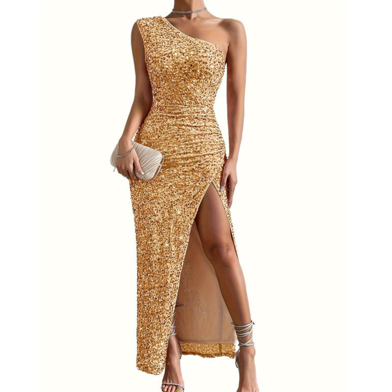 Femme Robe de Soirée Longue à Paillettes Monobretelle avec Fente