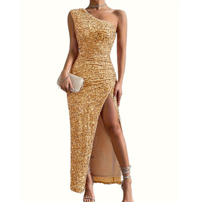 Femme Robe de Soirée Longue à Paillettes Monobretelle avec Fente