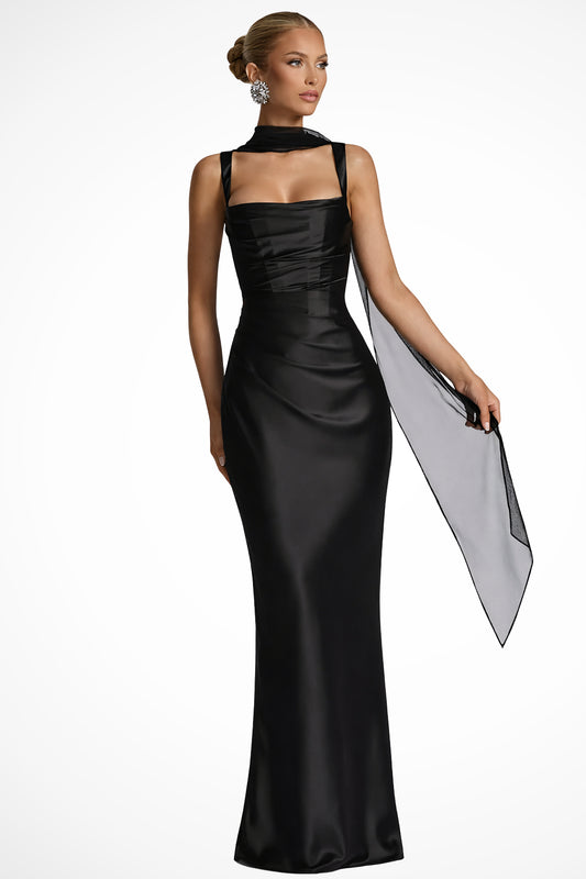 Femme Robe de Soirée Longue avec Col Carré, Fronces et Silhouette Slim