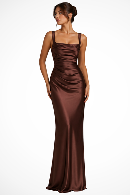 Femme Robe de Soirée Longue avec Col Carré, Fronces et Silhouette Slim