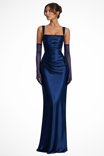 Femme Robe de Soirée Longue avec Col Carré, Fronces et Silhouette Slim