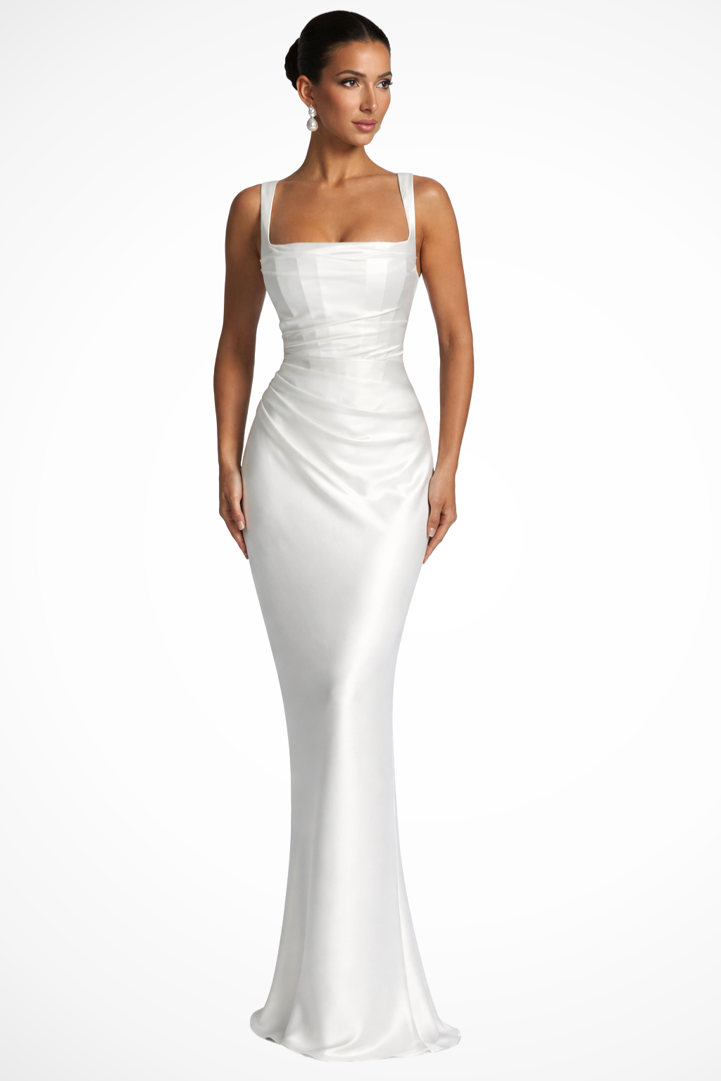 Femme Robe de Soirée Longue avec Col Carré, Fronces et Silhouette Slim