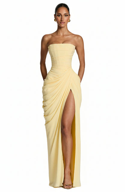Femme Robe de Soirée Longue Bustier sans Bretelles avec Drapé Asymétrique et Fente