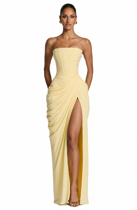 Femme Robe de Soirée Longue Bustier sans Bretelles avec Drapé Asymétrique et Fente