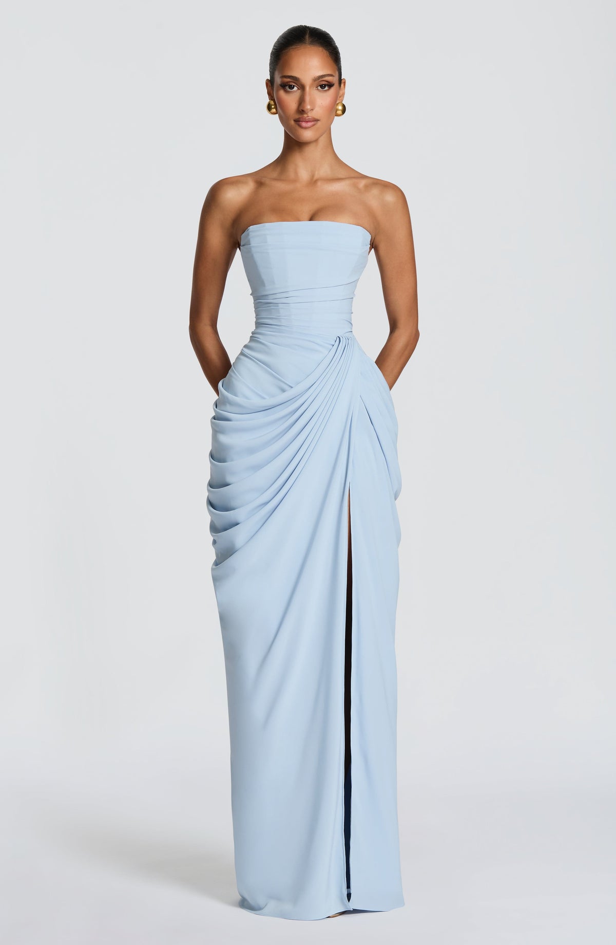 Femme Robe de Soirée Longue Bustier sans Bretelles avec Drapé Asymétrique et Fente