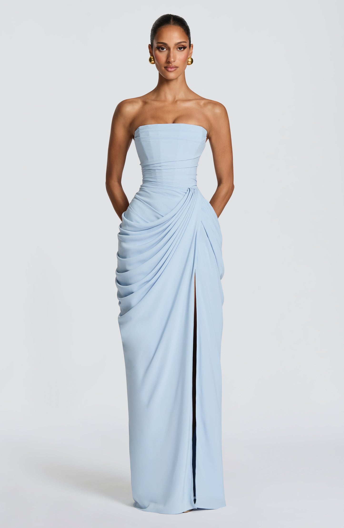 Femme Robe de Soirée Longue Bustier sans Bretelles avec Drapé Asymétrique et Fente