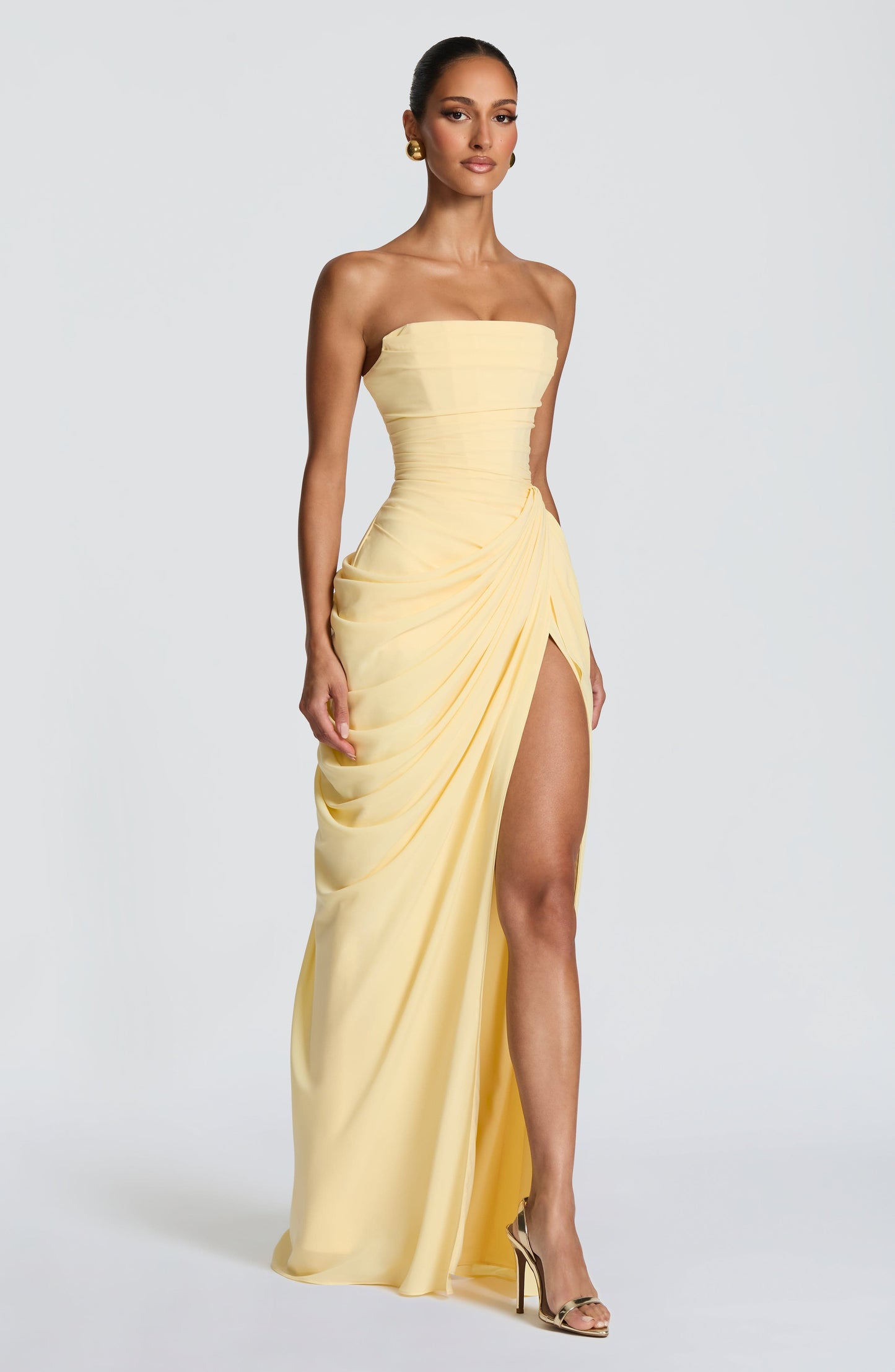 Femme Robe de Soirée Longue Bustier sans Bretelles avec Drapé Asymétrique et Fente