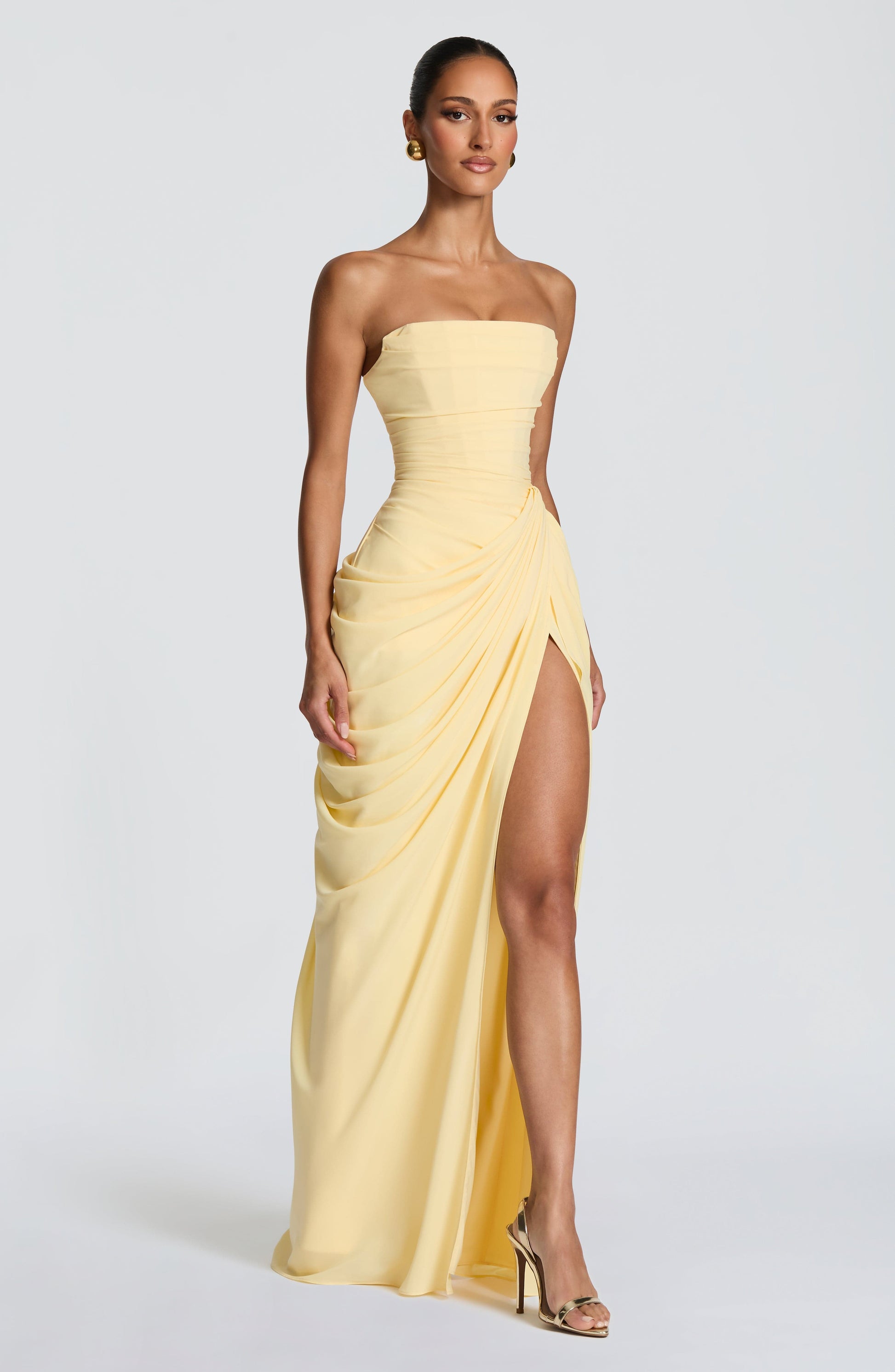 Femme Robe de Soirée Longue Bustier sans Bretelles avec Drapé Asymétrique et Fente