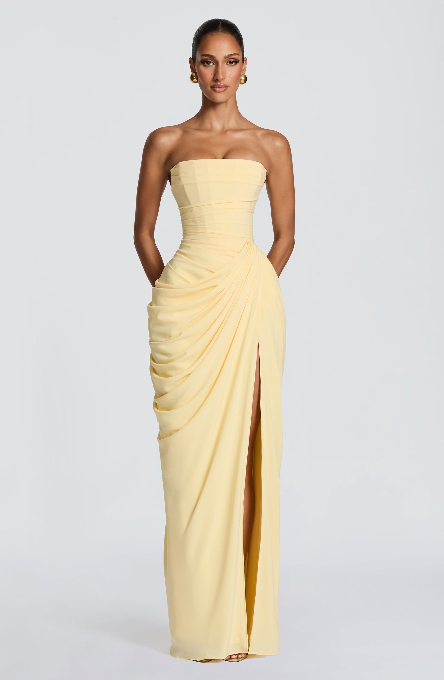 Femme Robe de Soirée Longue Bustier sans Bretelles avec Drapé Asymétrique et Fente