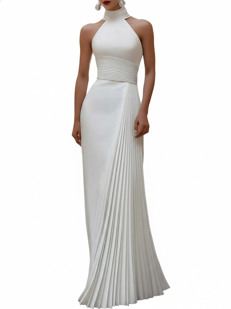 Femme Robe de Soirée Longue col Halter avec Jupe Plissée Asymétrique