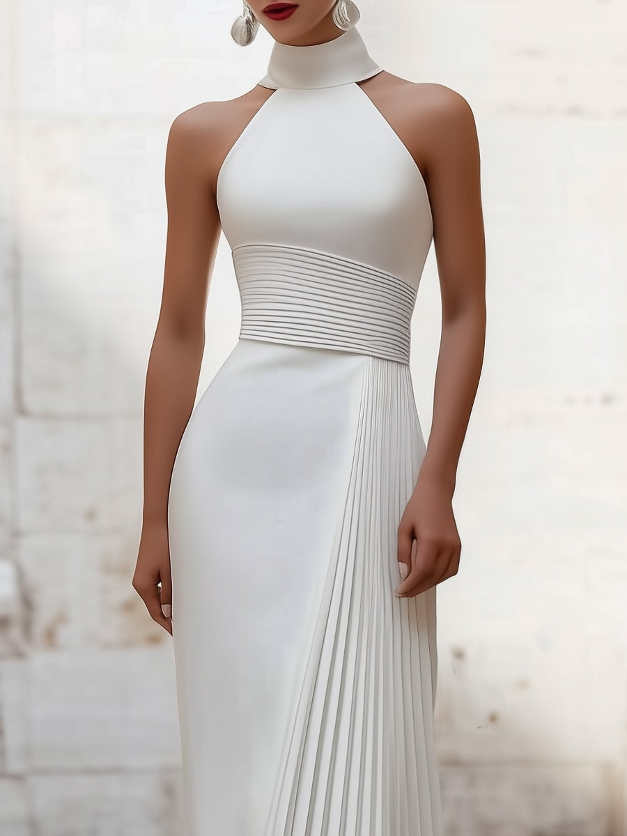 Femme Robe de Soirée Longue col Halter avec Jupe Plissée Asymétrique