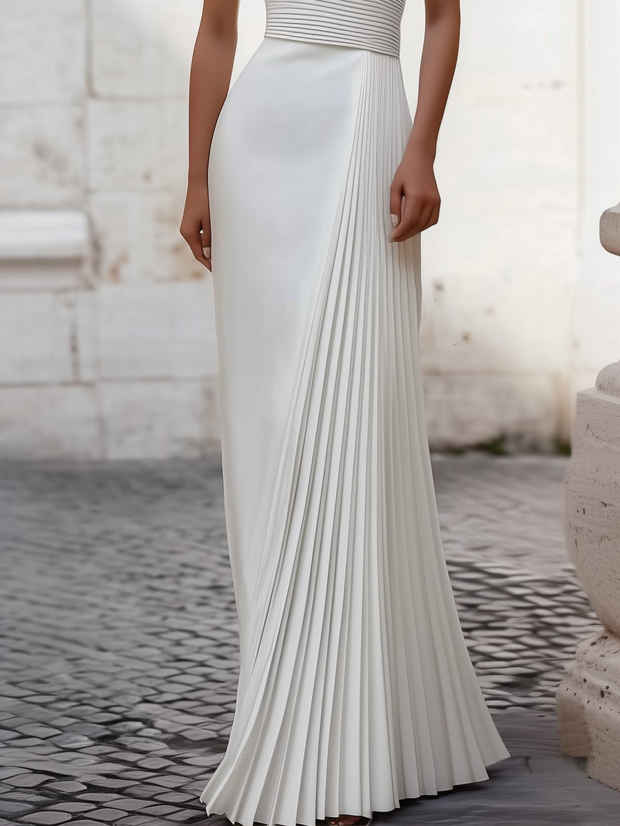 Femme Robe de Soirée Longue col Halter avec Jupe Plissée Asymétrique
