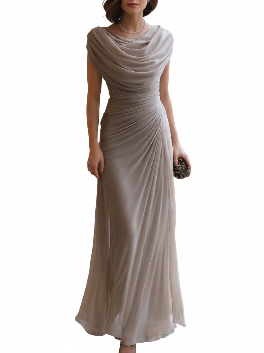Femme Robe de Soirée Longue Moulante sans Manches col Bénitier Drapé