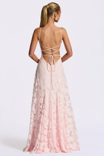 Femme Robe de Soirée Longue sans Manches à Bretelles Fines et Jupe Évasée