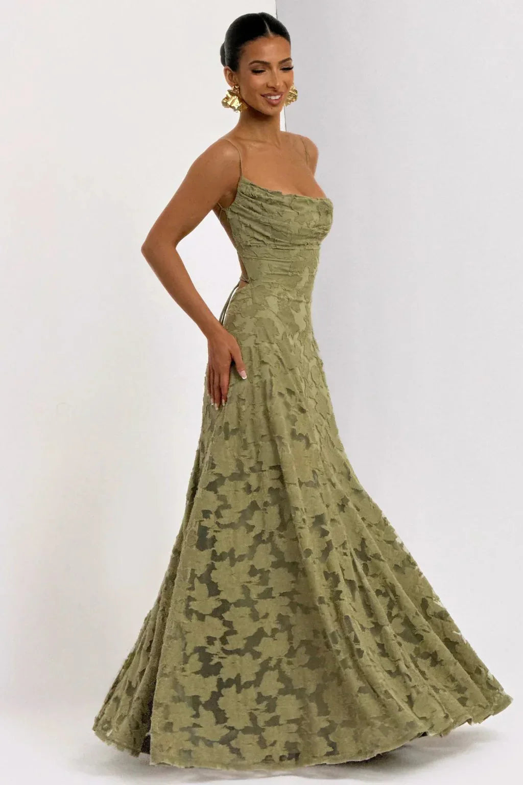 Femme Robe de Soirée Longue sans Manches à Bretelles Fines et Jupe Évasée