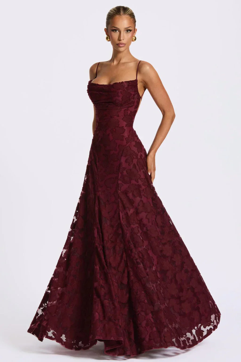 Femme Robe de Soirée Longue sans Manches à Bretelles Fines et Jupe Évasée