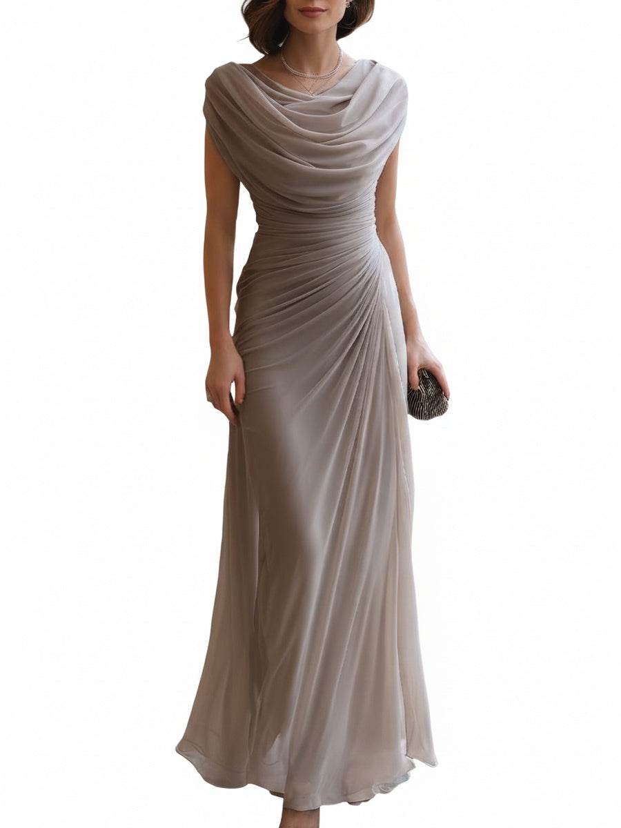 Femme Robe de Soirée Longue sans Manches col Bénitier et Drapé Froncé