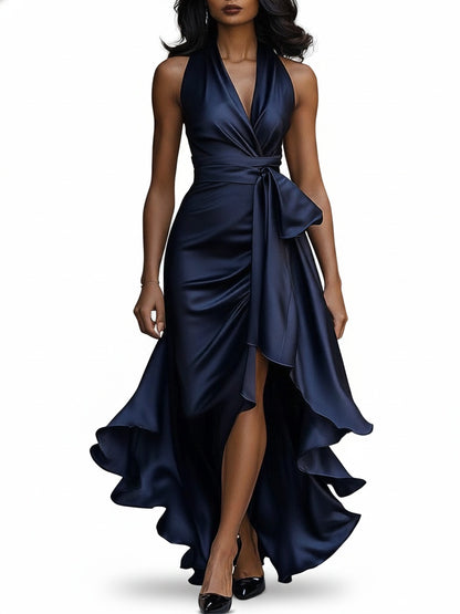 Femme Robe de Soirée Longue sans Manches col V Halter avec Volants Asymétriques et Ceinture Nœud
