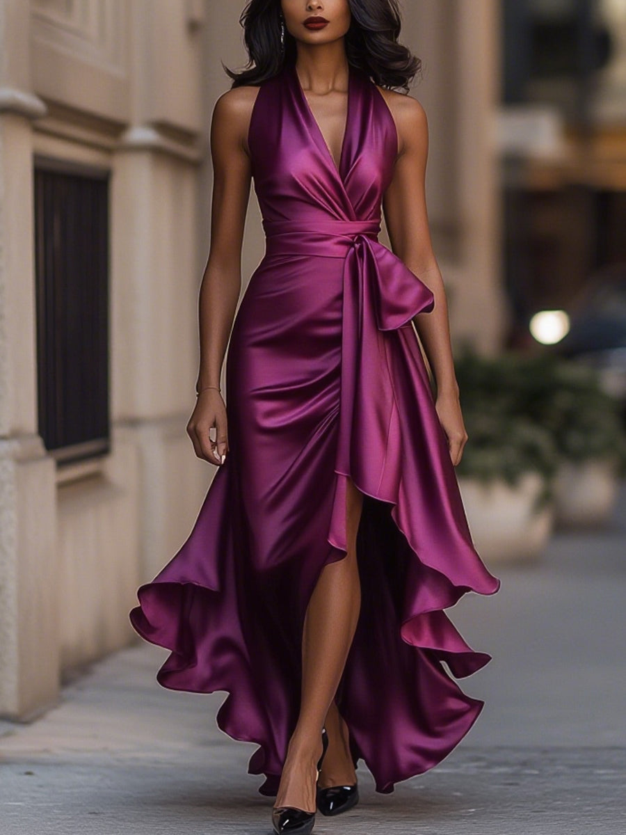 Femme Robe de Soirée Longue sans Manches col V Halter avec Volants Asymétriques et Ceinture Nœud