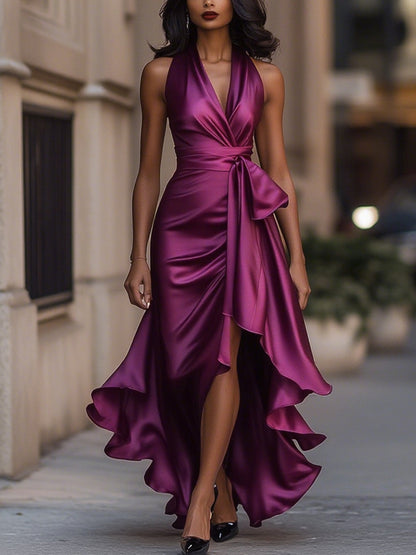 Femme Robe de Soirée Longue sans Manches col V Halter avec Volants Asymétriques et Ceinture Nœud