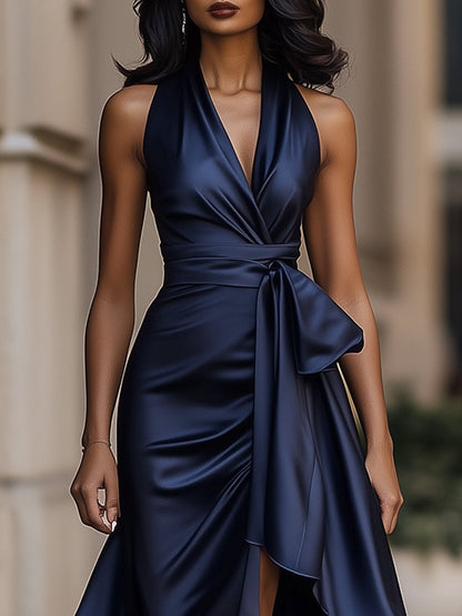 Femme Robe de Soirée Longue sans Manches col V Halter avec Volants Asymétriques et Ceinture Nœud