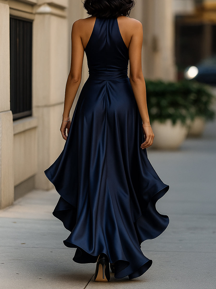 Femme Robe de Soirée Longue sans Manches col V Halter avec Volants Asymétriques et Ceinture Nœud