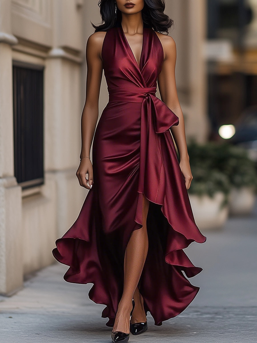 Femme Robe de Soirée Longue sans Manches col V Halter avec Volants Asymétriques et Ceinture Nœud